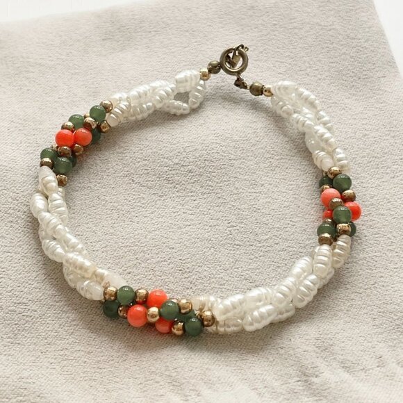 Vintage Freshwater Rice Pearl Twisted Multi-Strand Glass Bead Bracelet 7.5" - Picture 1 of 4